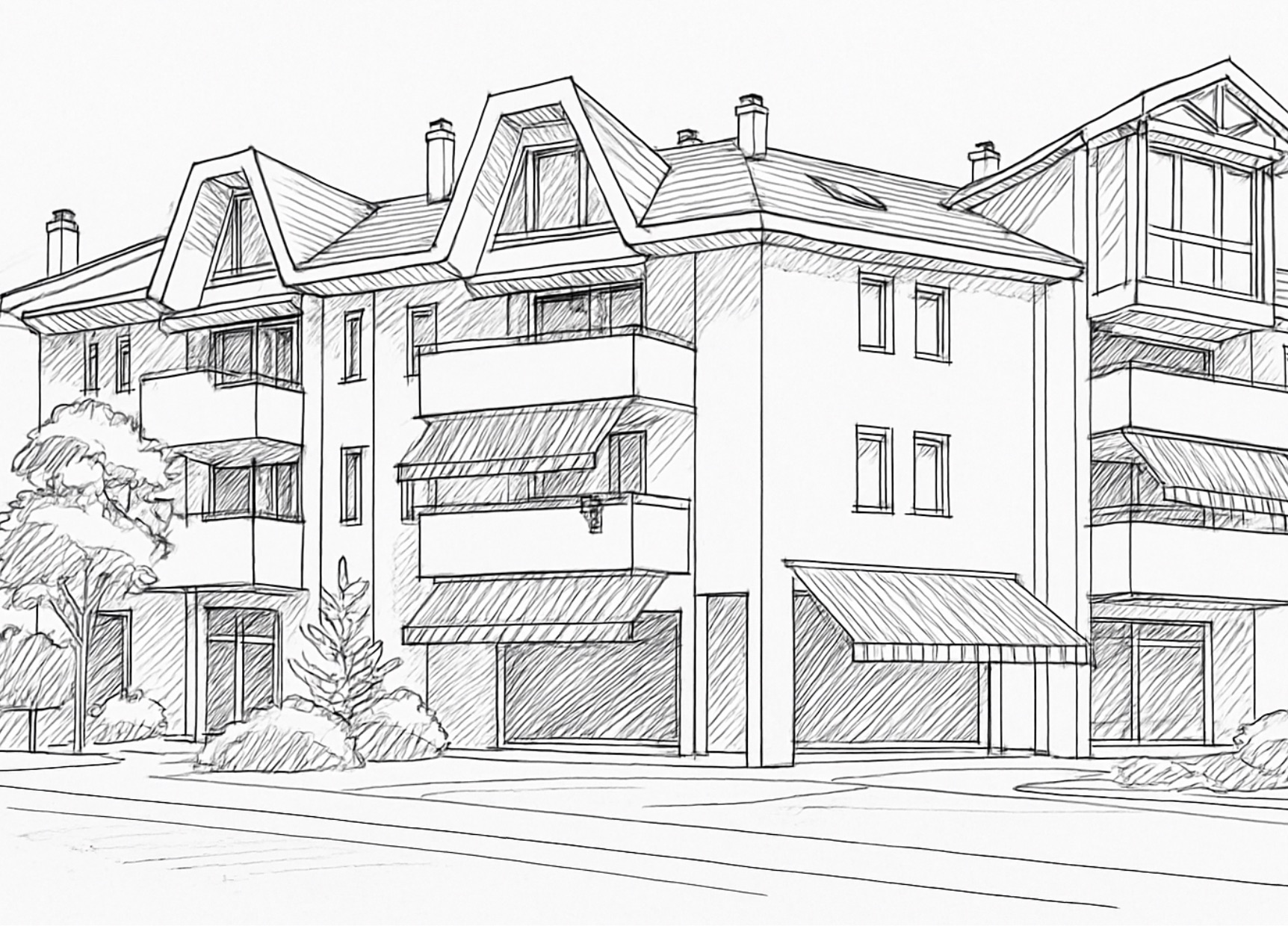 Croquis architectural d’un immeuble résidentiel moderne avec balcons et auvents, illustration de design contemporain.