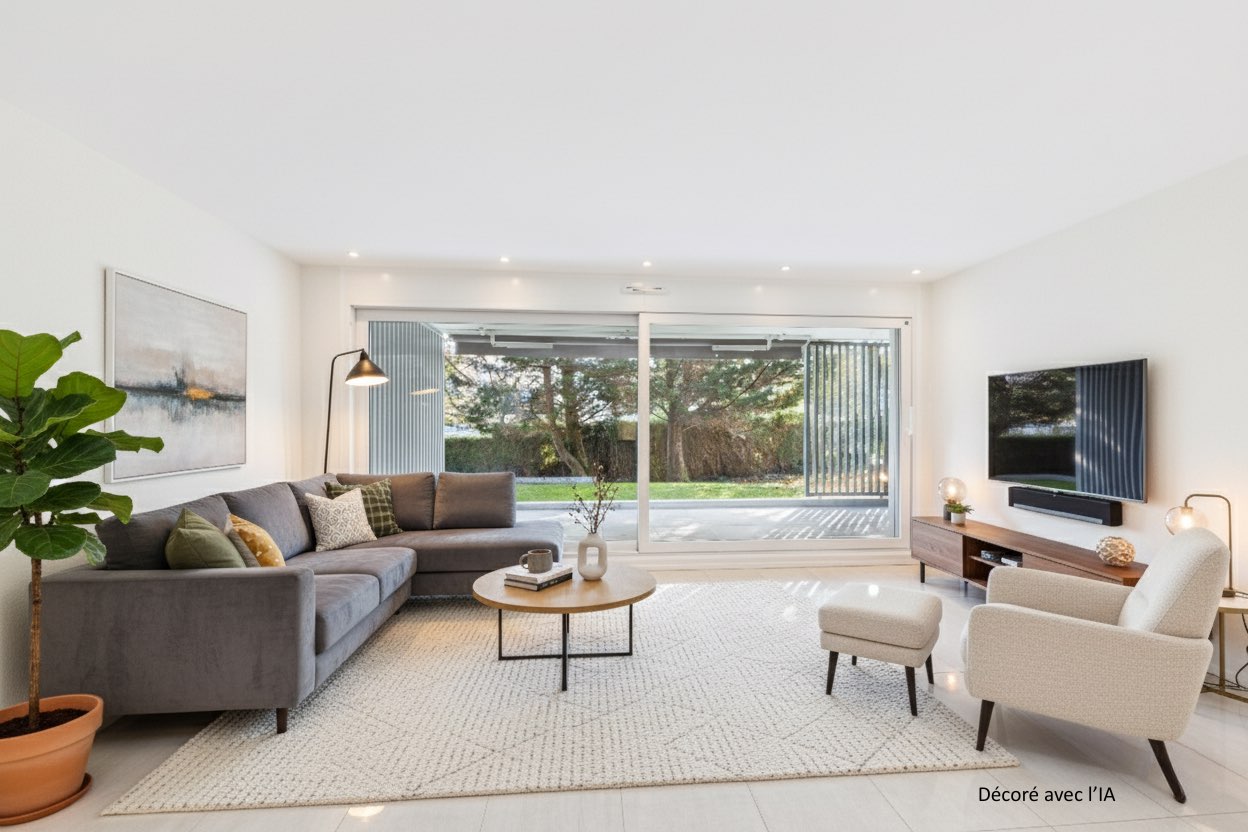 Salon moderne et lumineux avec un canapé d’angle gris, un fauteuil clair, une table basse ronde en bois, une grande plante d’intérieur, une télévision murale et de larges portes vitrées donnant sur un jardin.