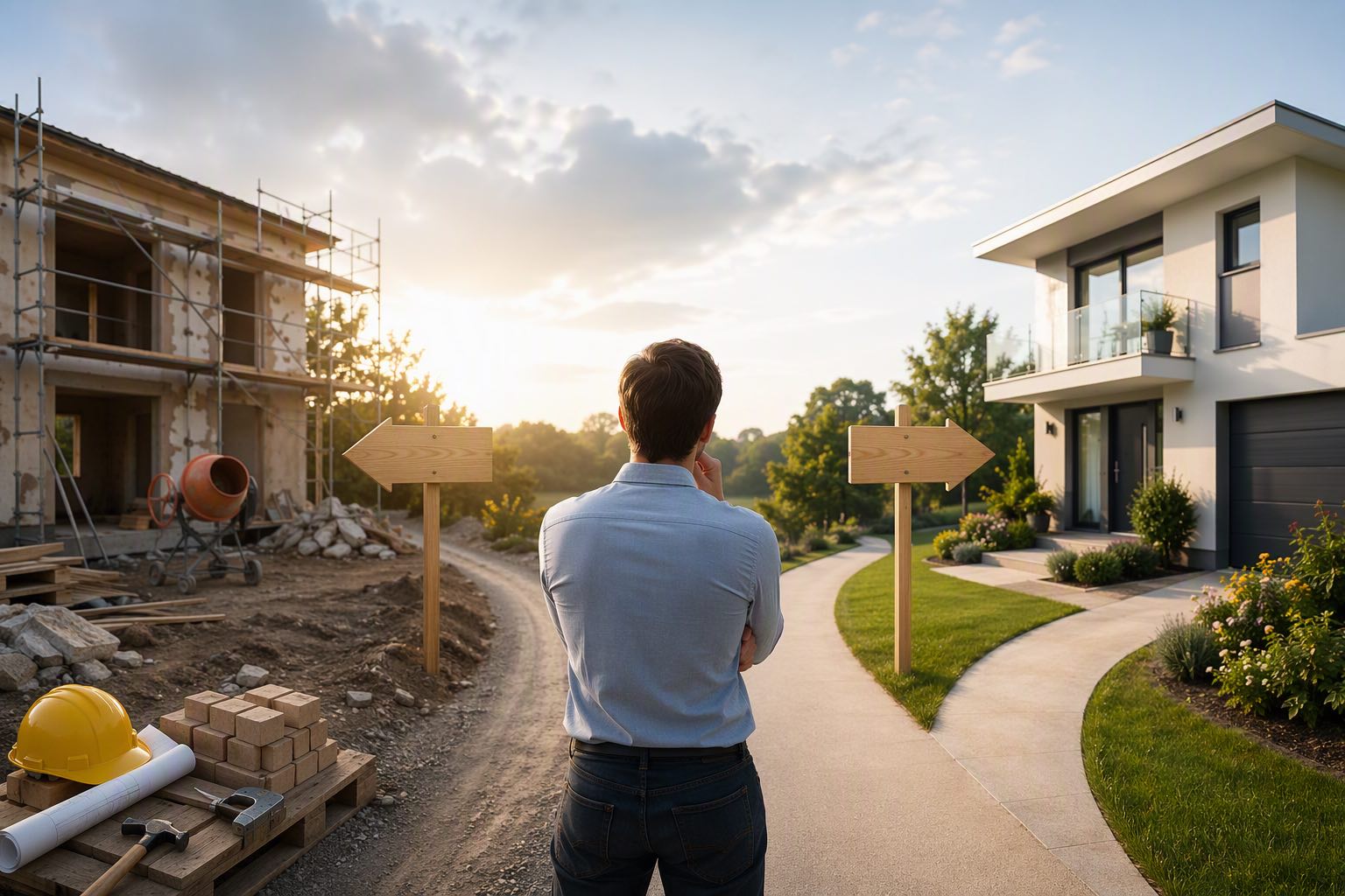 Un homme face à un choix immobilier : construire une maison ou acheter une propriété existante, symbolisé par deux chemins.