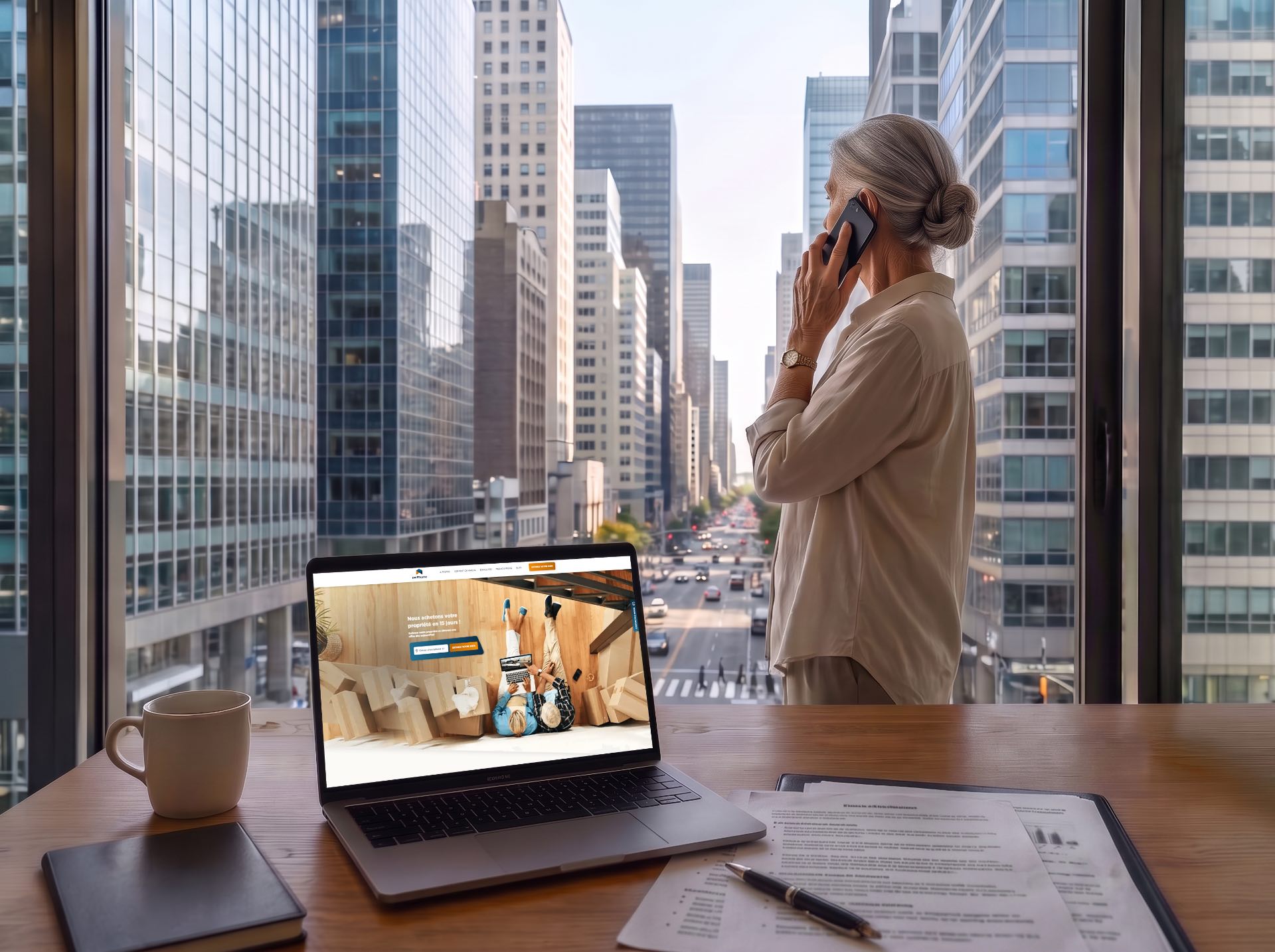 Femme d'affaires au téléphone devant un bureau avec ordinateur portable et vue sur la ville