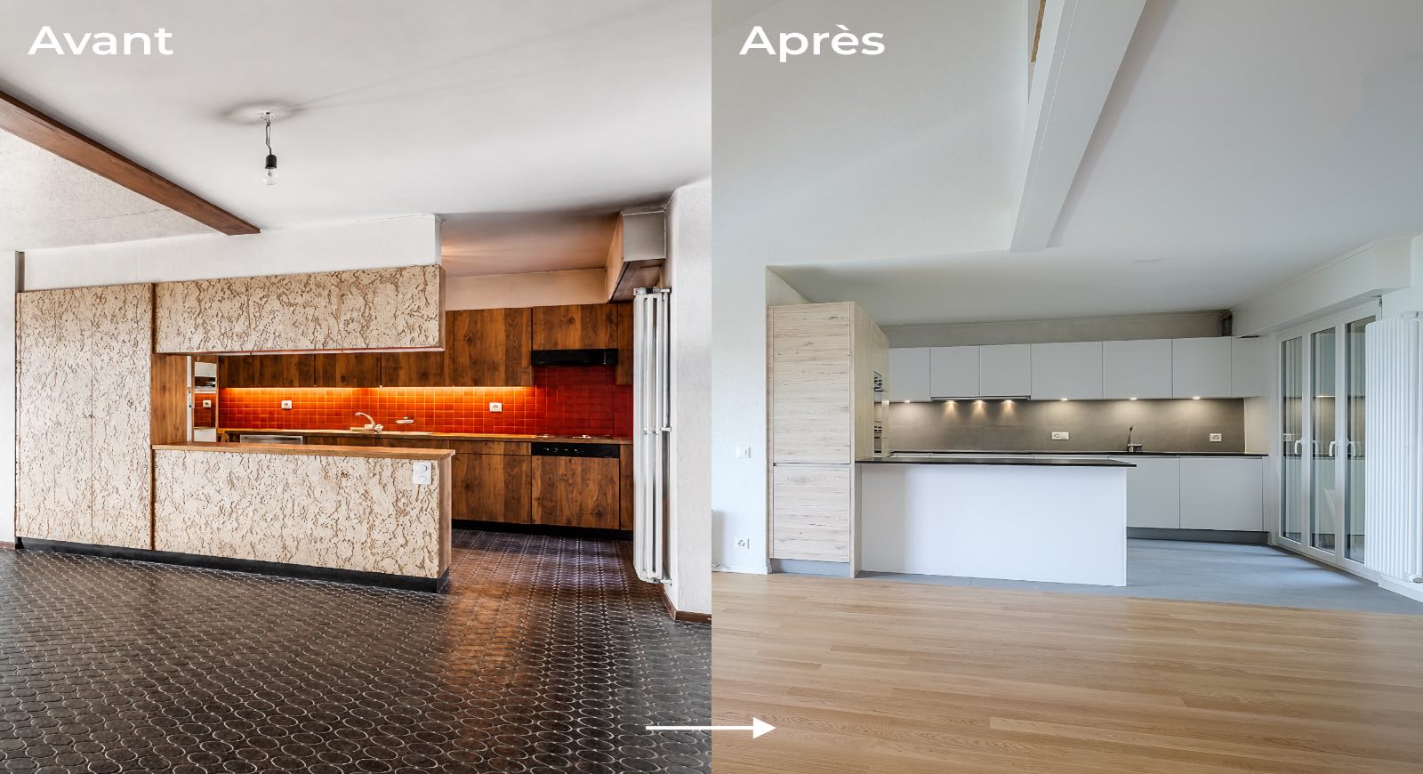 Cuisine avant et après rénovation : transformation d'un style bois sombre en design moderne blanc