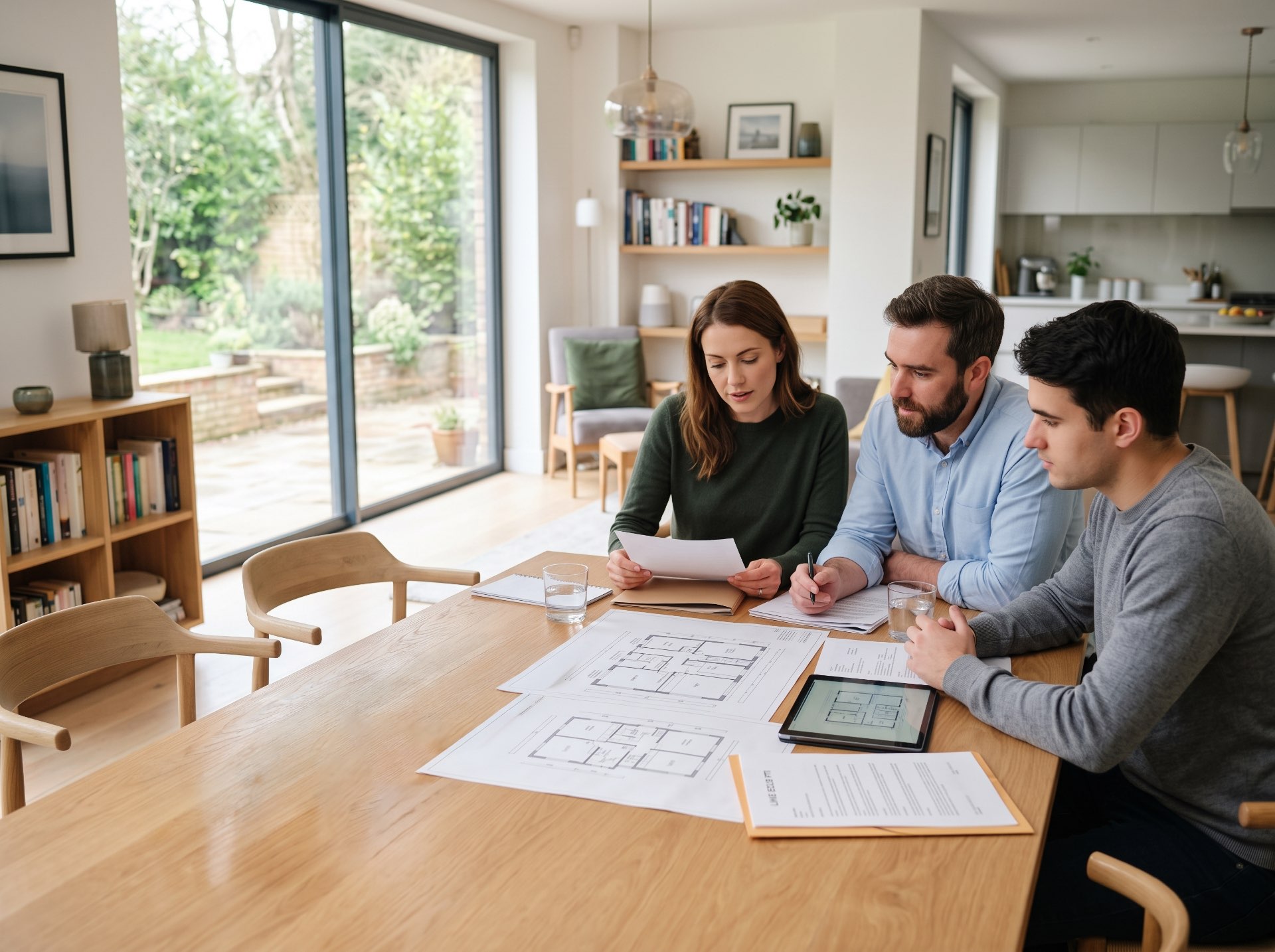 Couple reviewing architectural plans with a real estate advisor.